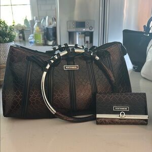 Vittorio Brown Shoulder Bag Set with Textured Finish and Silver Hardware